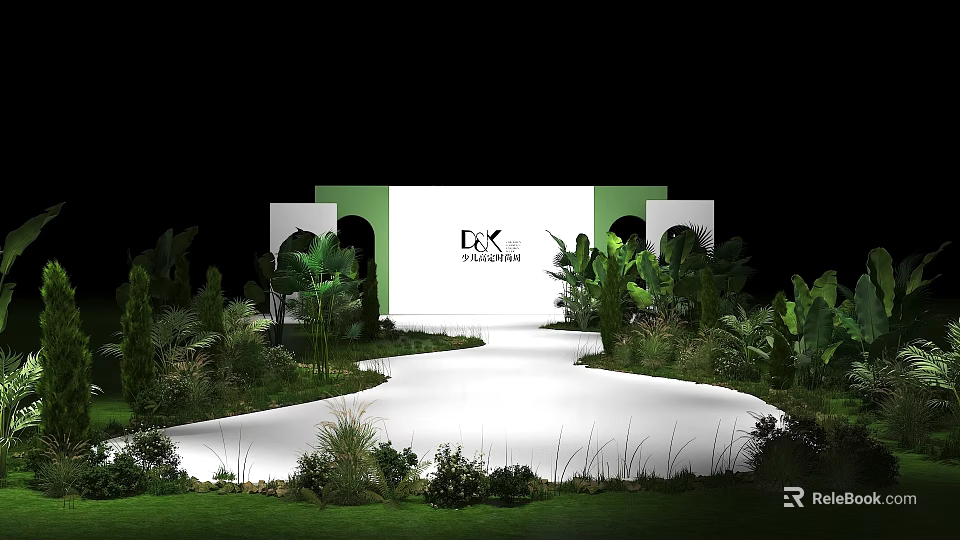 DEX Design Exhibition Stand With White Backdrop And Green Plants Pathway 3d model
