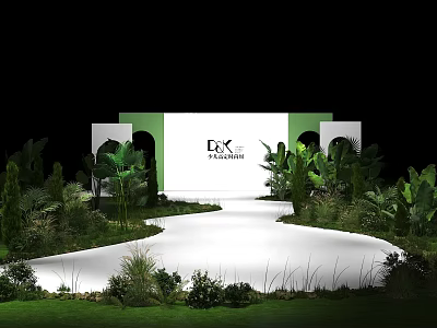 DEX Design Exhibition Stand With White Backdrop And Green Plants Pathway 3d model