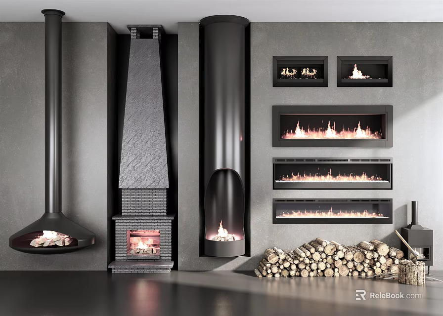 Modern Fireplace Interior Designs With Different Styles And Stacked Wood Logs 3d model 