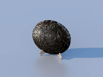 Black Textured Circular Decorative Plate with Intricate Patterns on Wooden Stand 3d model