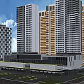 Modern Commercial Architecture With Glass Curtain Walls High Rise Buildings Ground Floor Shops Plaza Greenery