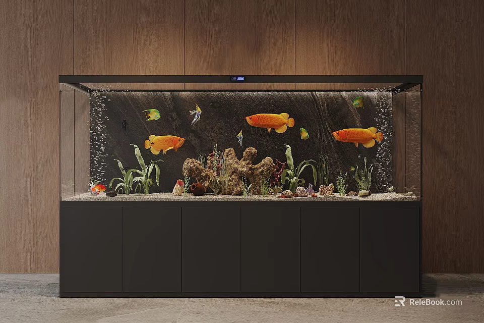 Large Aquarium With Colorful Orange Fish Aquatic Plants Coral Decorations On Black Cabinet Base 3d model 