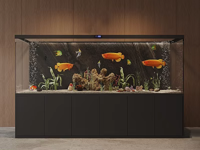 Large Aquarium With Colorful Orange Fish Aquatic Plants Coral Decorations On Black Cabinet Base 3d model