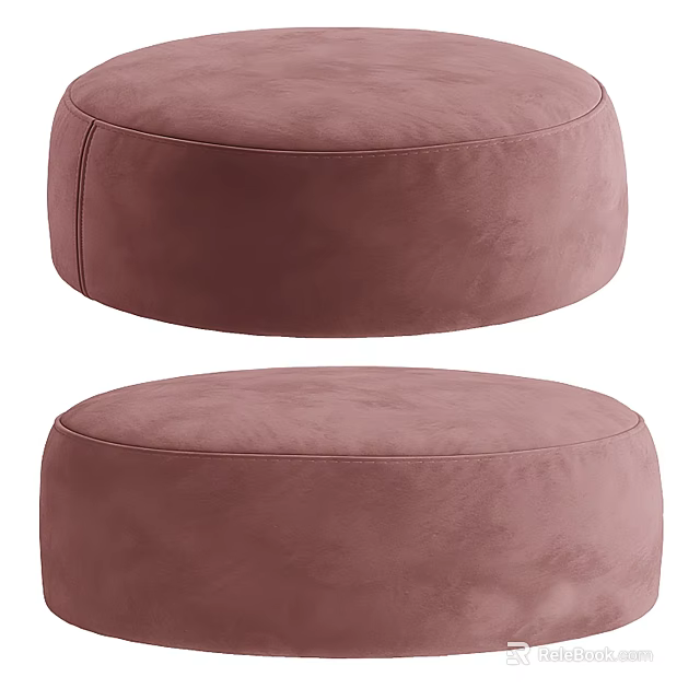 Two Round Pink Upholstered Ottoman Poufs for Living Room Seating 3d model 