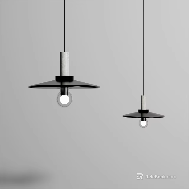 Two Modern Pendant Lights With Black Shade Gray Stem And Exposed Bulb 3d model