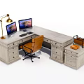 L shaped Wooden Office Desk With Dual Monitors Gold Lamp Brown Chair And Side Cabinet