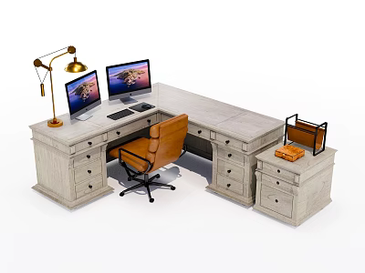 L shaped Wooden Office Desk With Dual Monitors Gold Lamp Brown Chair And Side Cabinet 3d model