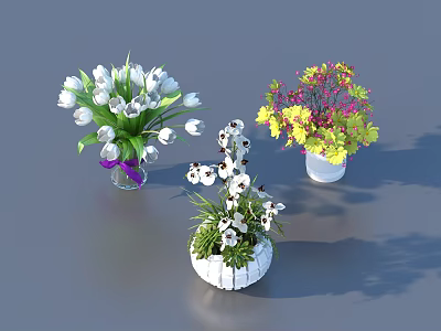 White Tulips Orchids and Colorful Flowers in Different Vases for Home Decor 3d model