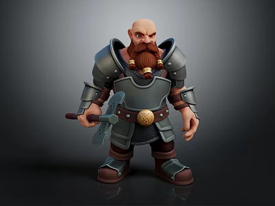 Armored Bearded Dwarf Warrior 3D Fantasy Game Character Holding Axe With Medieval Armor 3d model