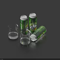 Green Carbonated Drink Three Cans Two Standing One Lying With Two Glasses On Dark Surface