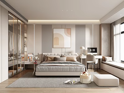 Modern Elegant Bedroom Interior With Large Bed Decorative Painting Desk And Window Bench 3d model