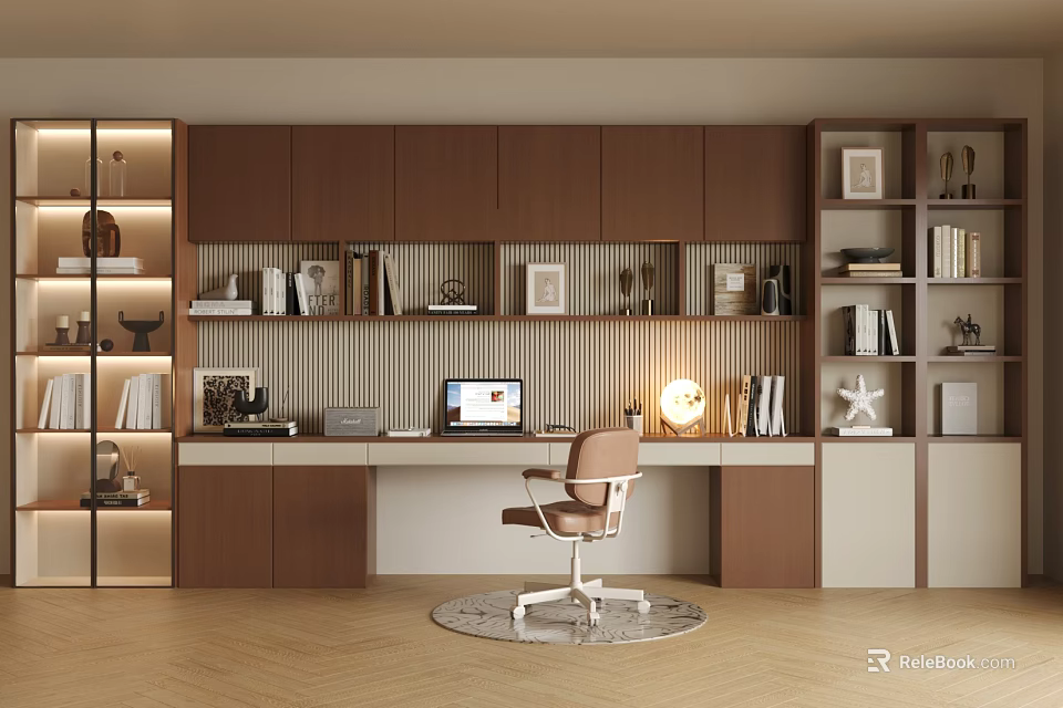 Modern Home Office Interior Design With Brown Cabinets Bookshelves Desk And Table Lamp 3d model 