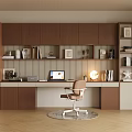 Modern Home Office Interior Design With Brown Cabinets Bookshelves Desk And Table Lamp