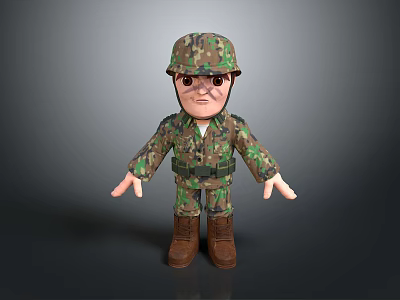 3D Military Soldier Character In Camouflage Uniform Helmet And Brown Boots Arms Outstretched 3d model