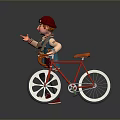Cheerful Character With Red Cap Standing By Red Bicycle With Orange Seat And White Wheels