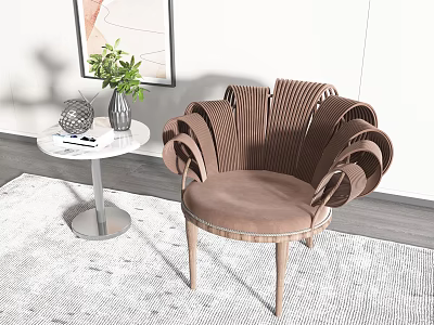 Elegant Brown Accent Chair With Fan Striped Design And Side Table With Green Plant 3d model