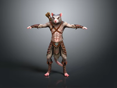 Muscular Man With Rat Head In Warrior Outfit Holding Bow And Standing 3d model