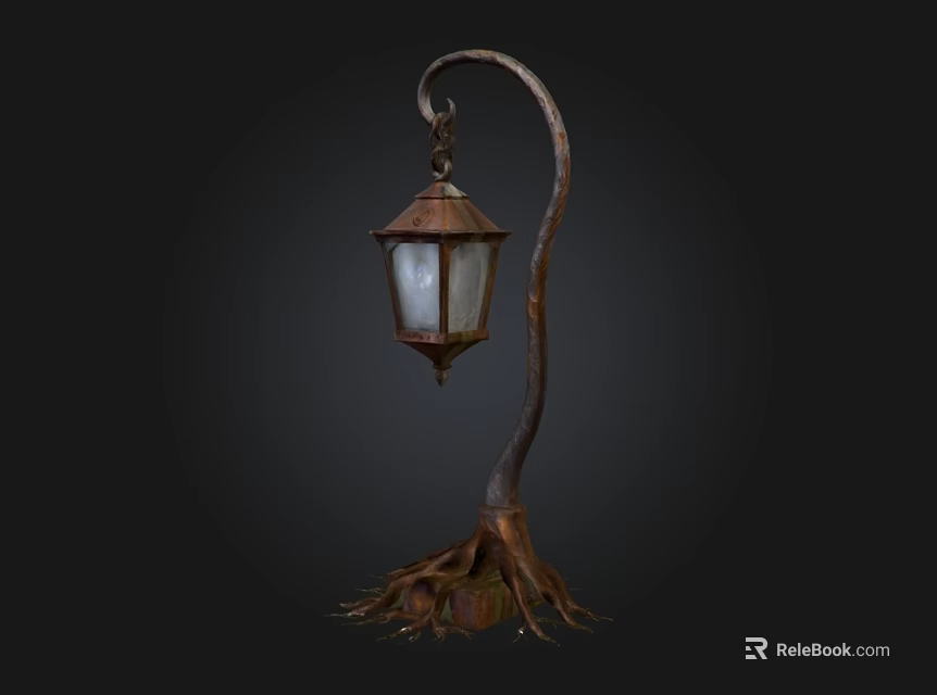 Vintage Outdoor Lamp With Curved Pole Root Base And Glass Shade 3d model 