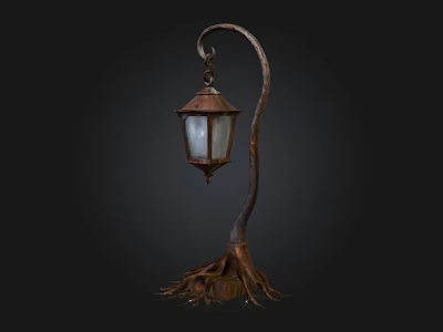Vintage Outdoor Lamp With Curved Pole Root Base And Glass Shade 3d model