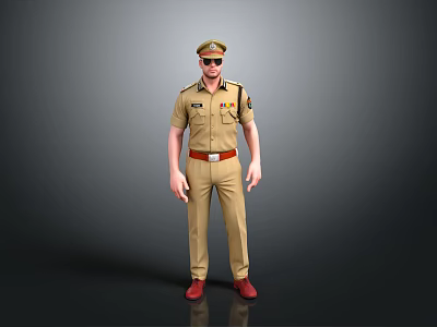 Man in Khaki Uniform with Badge Cap Sunglasses and Red Belt Shoes 3d model