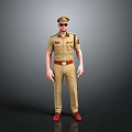 Man in Khaki Uniform with Badge Cap Sunglasses and Red Belt Shoes
