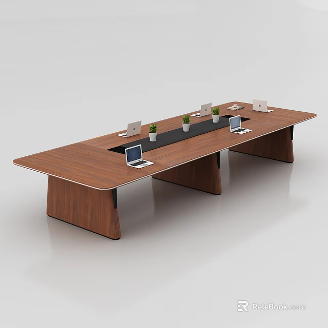 Wooden Conference Table with Laptops and Small Potted Plants in Modern Office Meeting Room 3d model 