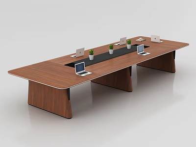 Wooden Conference Table with Laptops and Small Potted Plants in Modern Office Meeting Room 3d model