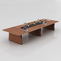 Wooden Conference Table with Laptops and Small Potted Plants in Modern Office Meeting Room