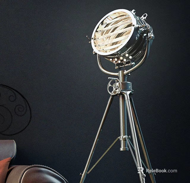 Modern Silver Metal Floor Lamp Tripod Stand Searchlight Shade On Black Wall Decorative Circular Pattern 3d model 