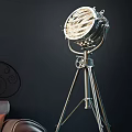 Modern Silver Metal Floor Lamp Tripod Stand Searchlight Shade On Black Wall Decorative Circular Pattern