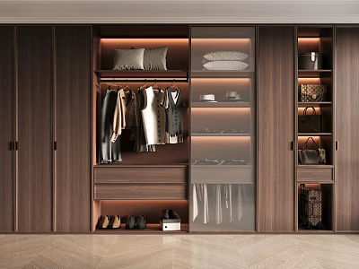 Modern Wooden Wardrobe Interior With Hanging Clothes Folded Items Drawers Shoes And Bags 3d model