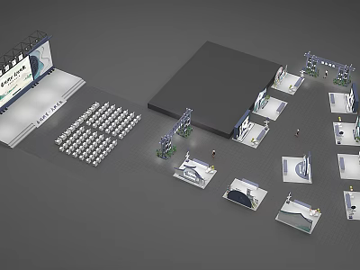 Event Stage Setup With Audience Seating Multiple Display Booths And Backdrop Screen 3d model