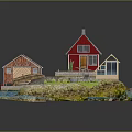 Cartoon Scene Featuring Red Houses Wooden Dock Small Boat Blue Water Green Grass Little Figure