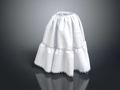 Elegant White Layered Petticoat Skirt With Ruffled Hem And Lace Trim 3d model