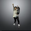 Woman Holding Child Raising Hands Together Against Grey Background Wearing White Top And Black Pants