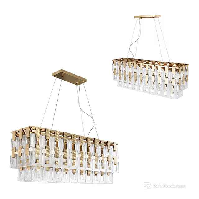 Modern Rectangular Chandeliers With Brass Frame And Transparent Glass Bars 3d model
