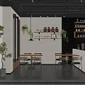 Cozy Cafe Interior With Hanging Plants Wooden Shelves Dark Tiled Floor And Framed