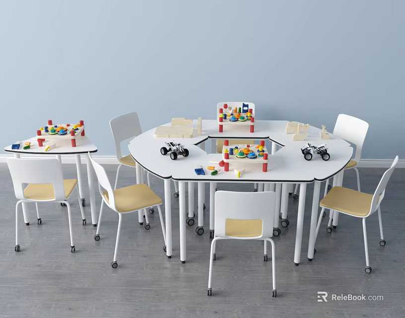 Round Table And White Chair Set With Yellow Seats Building Blocks In Kids Play Area 3d model 