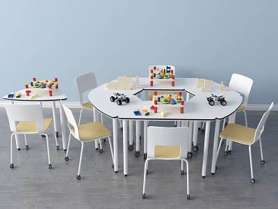 Round Table And White Chair Set With Yellow Seats Building Blocks In Kids Play Area 3d model