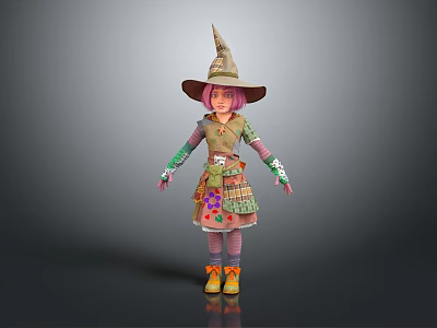3D Game and Movie Character With Pink Hair Wizard Hat Green Dress and Orange Shoes 3d model