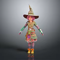 3D Game and Movie Character With Pink Hair Wizard Hat Green Dress and Orange Shoes