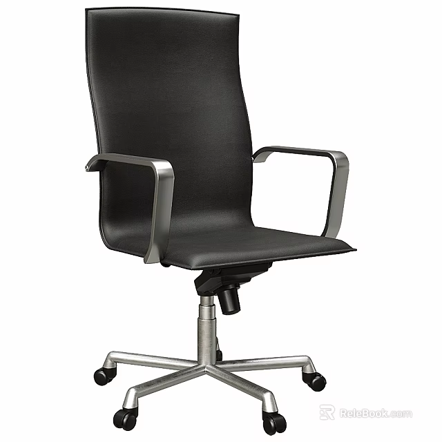Modern Black Leather Office Chair with Silver Armrests and Metal Base on Wheels 3d model 