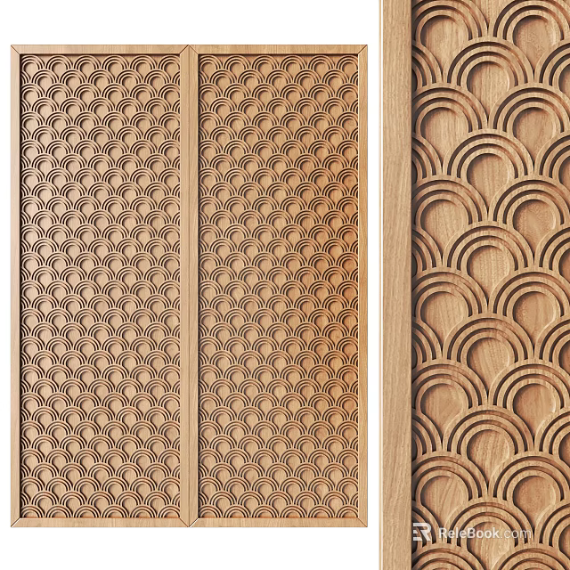 Wooden Wardrobe Doors With Carved Circular Patterns And Natural Wood Finish 3d model 