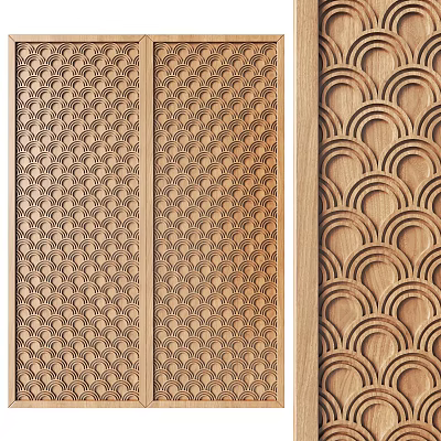 Wooden Wardrobe Doors With Carved Circular Patterns And Natural Wood Finish 3d model