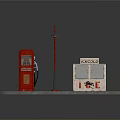 Red Gas Pump Red Street Lamp And ICE COLD Cooler On Gray Platform Setup