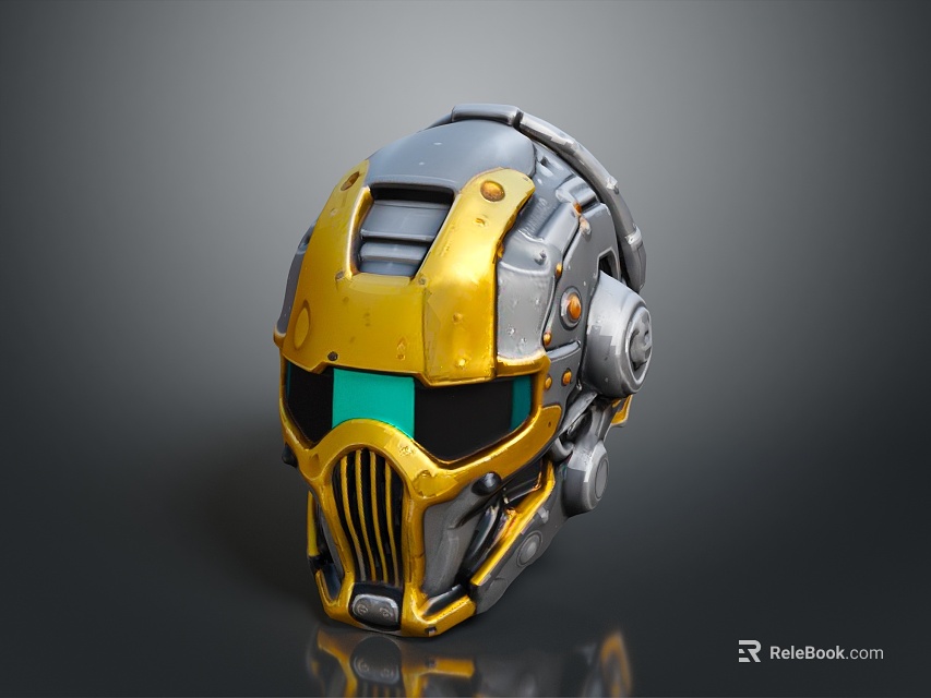 Tactical Armored Helmet With Gold Gray Mechanical Design And Green Visor 3d model 