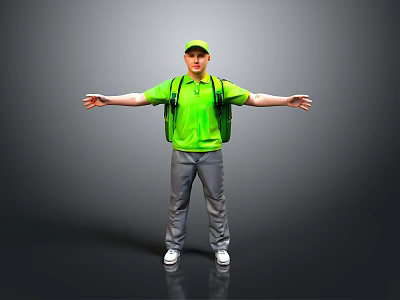 Man in Green T shirt Green Cap With Backpack Arms Outstretched on Gray Background 3d model