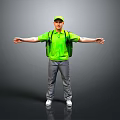 Man in Green T shirt Green Cap With Backpack Arms Outstretched on Gray Background