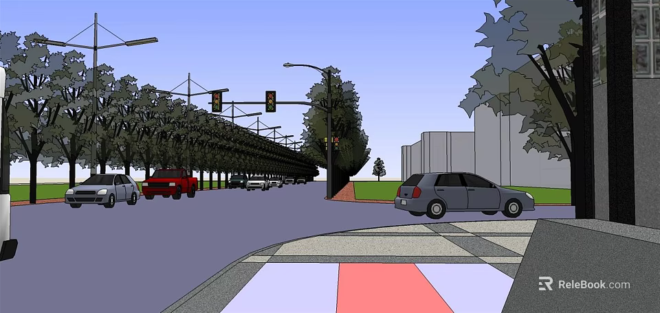 Urban Municipal Road With Traffic Lights Street Lamps Trees Vehicles Sidewalks And Buildings 3d model 