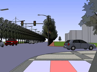 Urban Municipal Road With Traffic Lights Street Lamps Trees Vehicles Sidewalks And Buildings 3d model